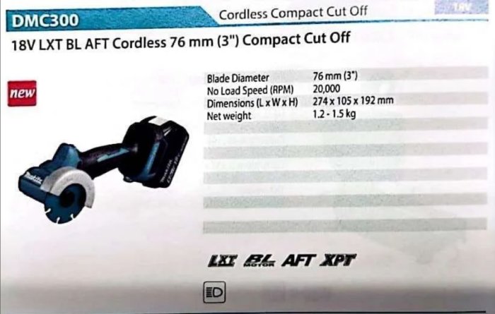 Dewalt DMC300 18V LXT BL AFT Cordless Compact Cut Off-verktyg med specifikationer.