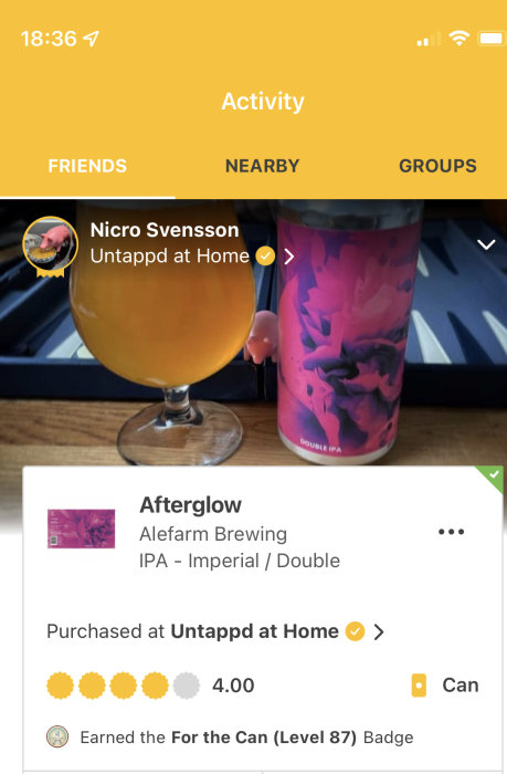 Skärmavbildning av Untappd-profil med en hand som håller ett glas öl bredvid en ölburk märkt "Afterglow Alefarm Brewing".