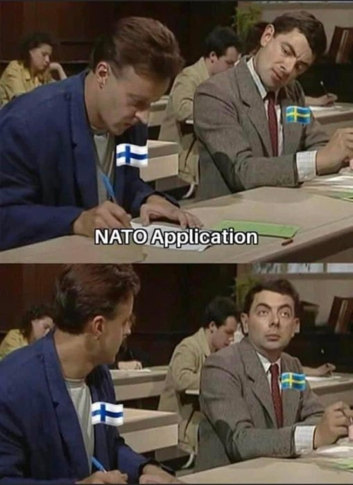 Två män i ett klassrum, en tittar på den andra med finsk och svensk flagga, texten "NATO Application".