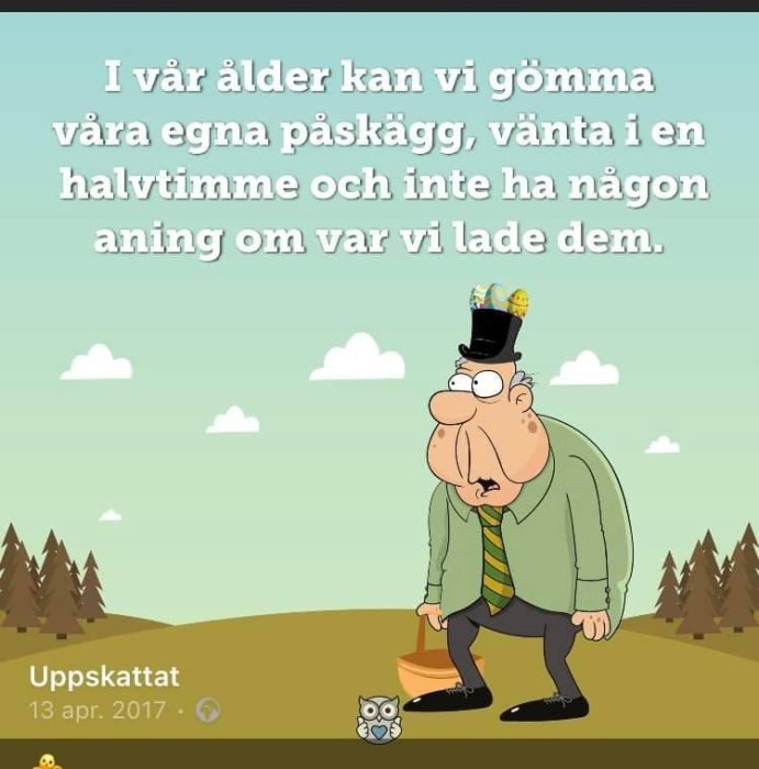 Tecknad bild av en förvirrad äldre man som letar efter något med en hatt full av påskägg.