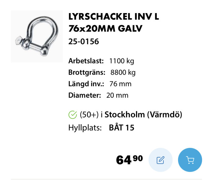 Produktbild av en galvaniserad lyrschackel med specifikationer: 76x20mm, arbetslast 1100 kg, brottgräns 8800 kg.