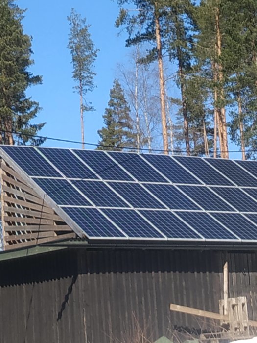 En kabel hänger ovanför delvis skuggade solpaneler på ett hustak omgivet av träd och klarblå himmel.