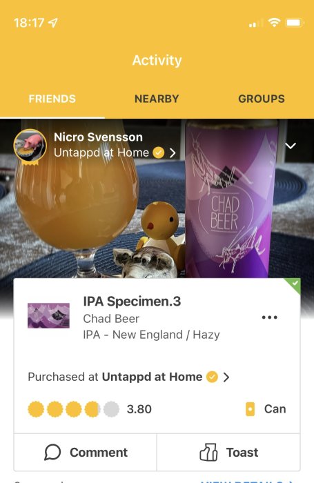 Skärmdump av Untappd appen som visar en användarprofil, öl-checkin med ett glas öl och en burk.
