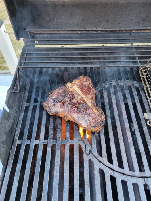 Hängmörad T-benstek grillas på en gasolgrill, vacker stekyta synlig.