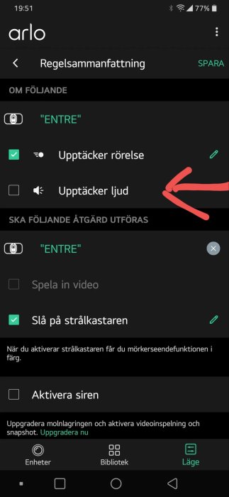 Skärmdump av Arlo kameraapp visar regelsammanfattning med valda inställningar markerade.