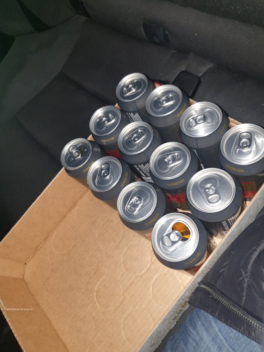 Öppnade dryckesburkar i en kartong placerade i baksätet på en bil.