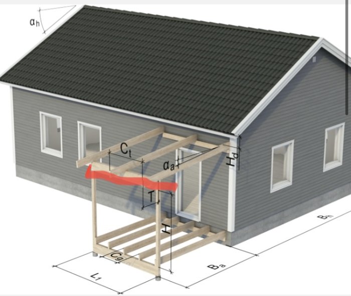 3D-illustration av en altankonstruktion med en markerad stålbalk (i rött) under ett hus med måttangivelser.