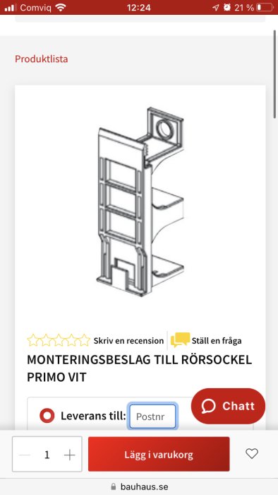 Teknisk ritning av ett vit monteringsbeslag till rörsockel Primo, visad i onlinebutik.