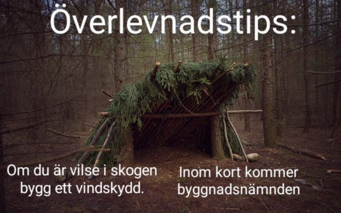 Enkelt vindskydd byggt av grenar och kvistar i skogen med humoristisk text om byggnadsnämnden.