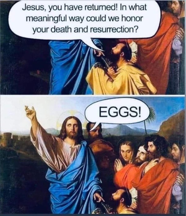 Tecknad bild av Jesus och hans lärjungar med pratbubblor, där Jesus svarar "EGGS!" på en fråga om hur de ska hedra hans återuppståndelse.