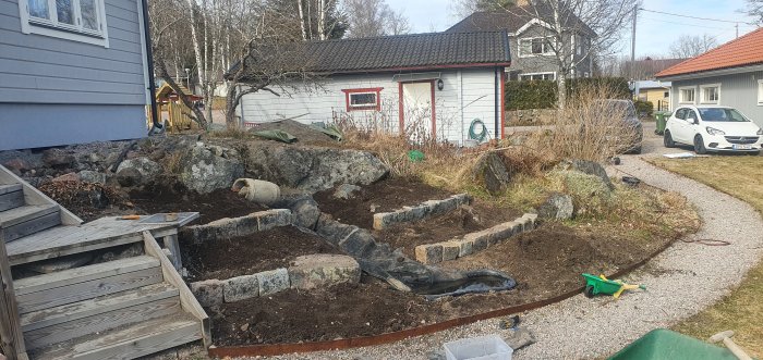 Rensad rabatt med jord och stenar i soligt läge nära ett hus, redo för plantering.