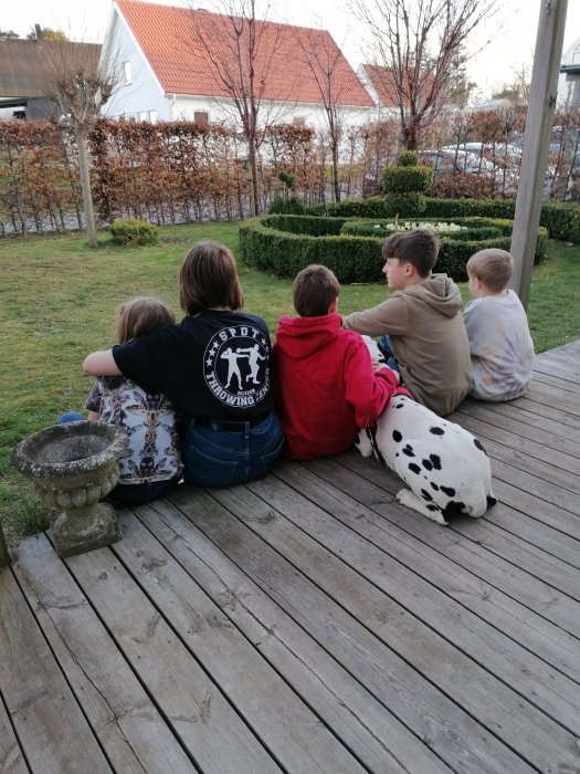 Barn och en hund sitter på en träterrass och tittar på en trädgård, firar en 9-årsdag.