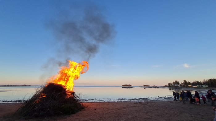 Stor brasa på stranden vid skymningen med personer som betraktar elden och havet i bakgrunden.