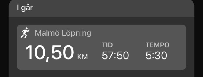Skärmdump av en löparapp som visar en distans på 10,50 km i Malmö med tiden 57:50 och tempo 5:30 min/km.