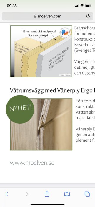 Informationsgrafik av våtrumsvägg med Vänerply Ergo Höger och dess konstruktion, märkt som en nyhet.