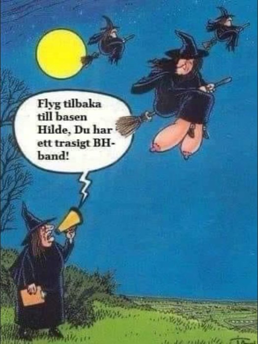 Tecknad bild av häxor som flyger på kvastar, en ropar genom megafon till en annan om hennes trasiga BH-band.