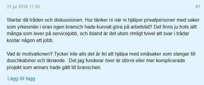 Skärmdump av ett foruminlägg där en användare diskuterar yrkesmäns gratisarbete på forumet.