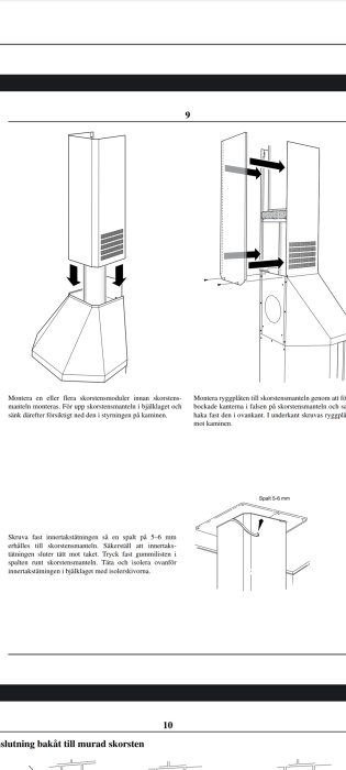 Instruktionsbilder för installation av skorstensmoduler och tätning mot tak för en kamin.