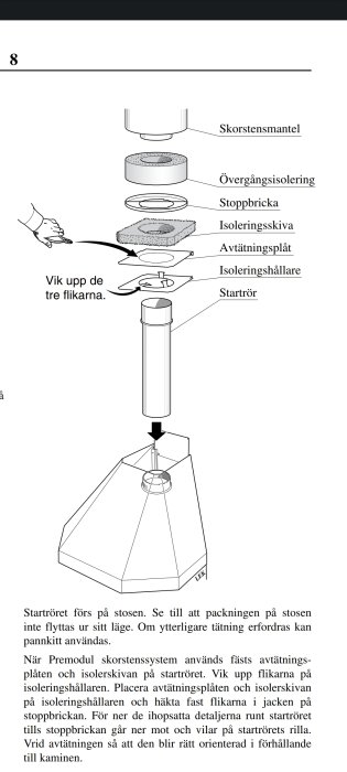 Instruktionsbild för montering av starttör, skorsten och isolering i skorstenssystem.