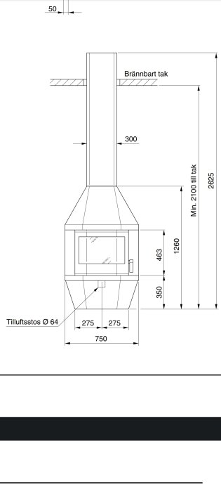 Teknisk ritning av installation för kamin med mått och anslutning till skorsten.