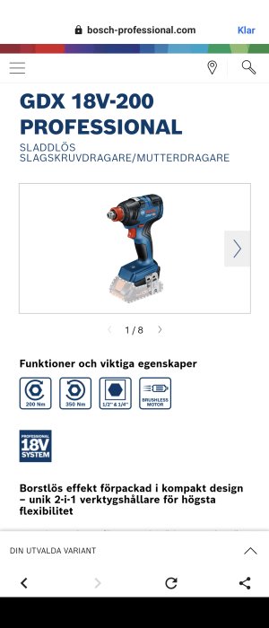Bosch GDX 18V-200 slagskruvdragare med halvtums hylsfäste och bitsfäste, produktinformation.
