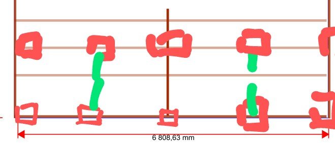 Schematisk illustration av plattläggning med fem plattrader och måttangivelse på 6808,63 mm.