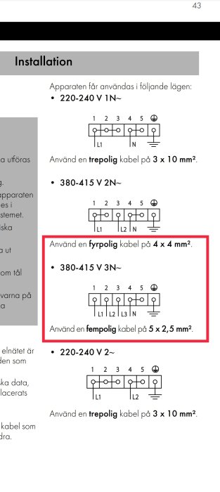 Instruktionsbild för installation av spis visande olika kopplingsscheman med rekommenderade kabelstorlekar.