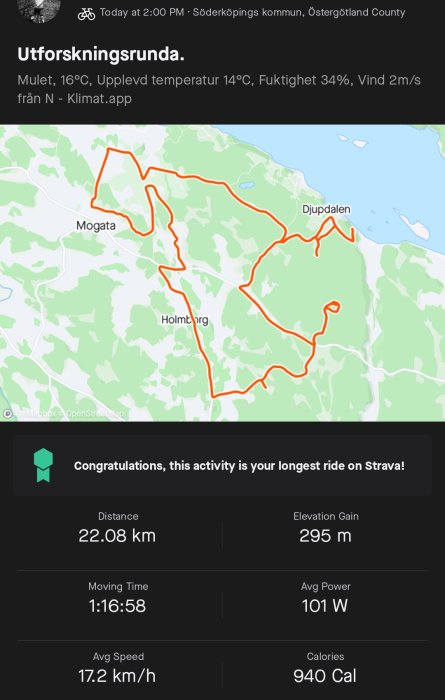 Skärmklipp av en cykelaktivitetslogg på Strava med rutt kartbild, statistik över distans, tid, hastighet och kaloriförbrukning.