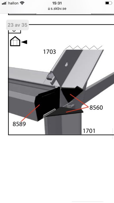 Monteringsinstruktion för växthus med plastkomponenter märkta 8560 och 8589, och metallplåt 1703.