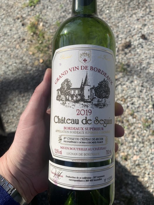 Hand håller en flaska Château de Sèguin Bordeaux Supérieur 2019 utomhus.