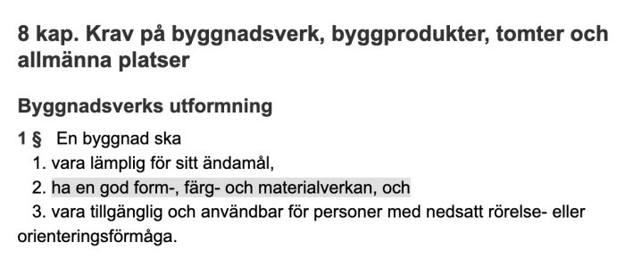 Textutdrag från Plan- och bygglagen (PBL) om krav på byggnadsverks utformning.