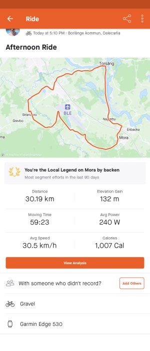 Skärmbild av cykelturdata med karta, vunnet segment, distans, tid, hastighet och kaloriförbrukning.