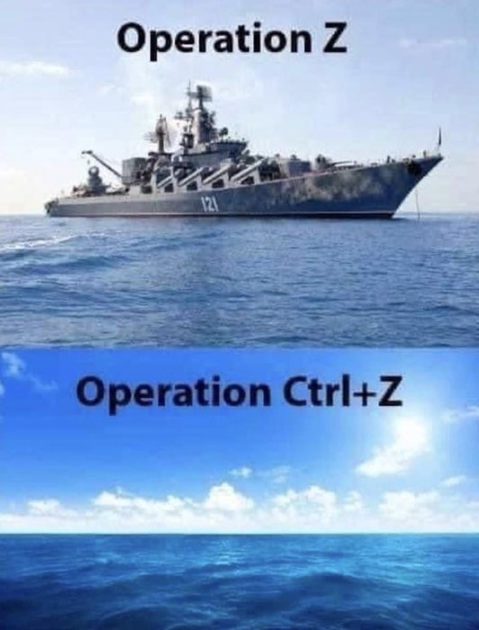 Krigsfartyg till sjöss med texten "Operation Z" och tom ocean med texten "Operation Ctrl+Z".