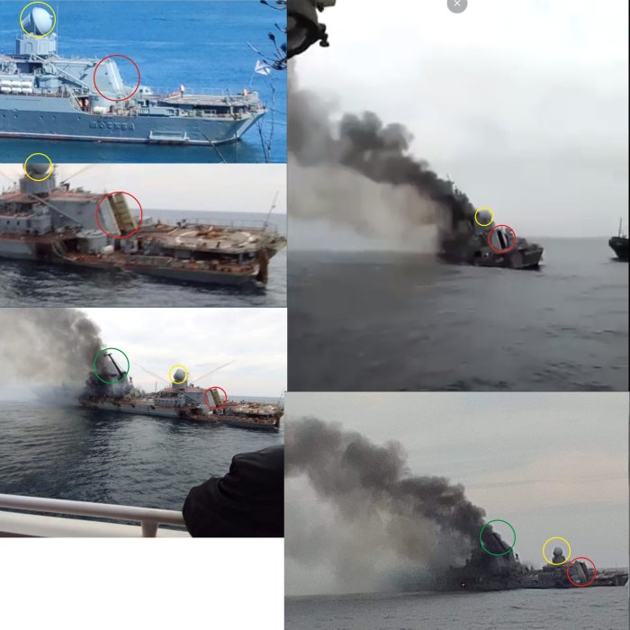 Kollage av fartyget Moskva före och under sjunkning med rök och skador.