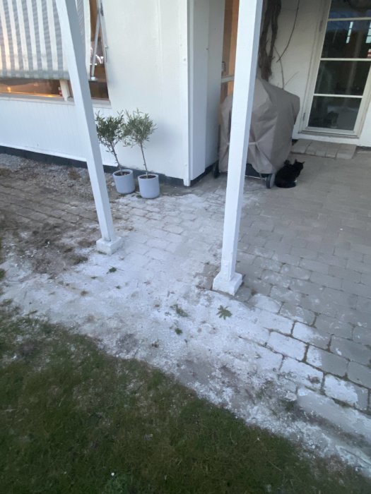 Uteplats med stenläggning täckt av vitt EPS-spill under husets veranda och kring pelare, svart katt sitter bredvid.