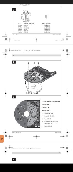 Illustration av Bosch FSN-OFA adapterkit, kompatibilitetslista och monteringsdetaljer för olika fräsmodeller.
