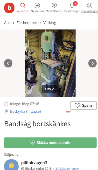 Bandsåg Horster BS 350 bortskänkes i garage med golfklubbor och cykel i bakgrunden.