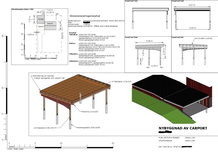 Arkitektritningar och 3D-modell av en planerad carport inklusive måttangivelser, konstruktionsdetaljer och situationsplan.