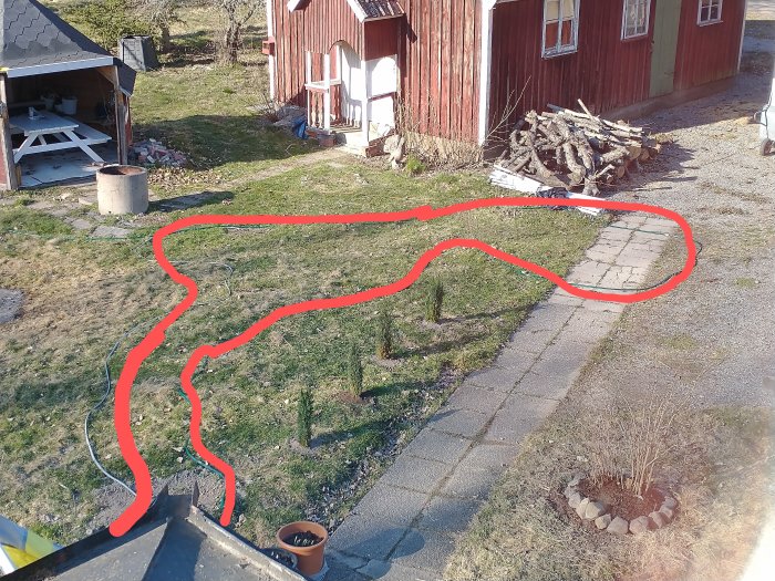 Vy över trädgård med röd linje som markerar planerad damm och vallgrav.