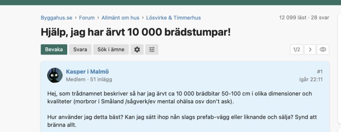 Skärmdump från diskussionsforum med titeln "Hjälp, jag har ärvt 10 000 brädstumpar!" och en användarkommentar.