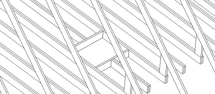 Line drawing of roof trusses with a planned, too-small staircase opening that needs enlarging for loft access.