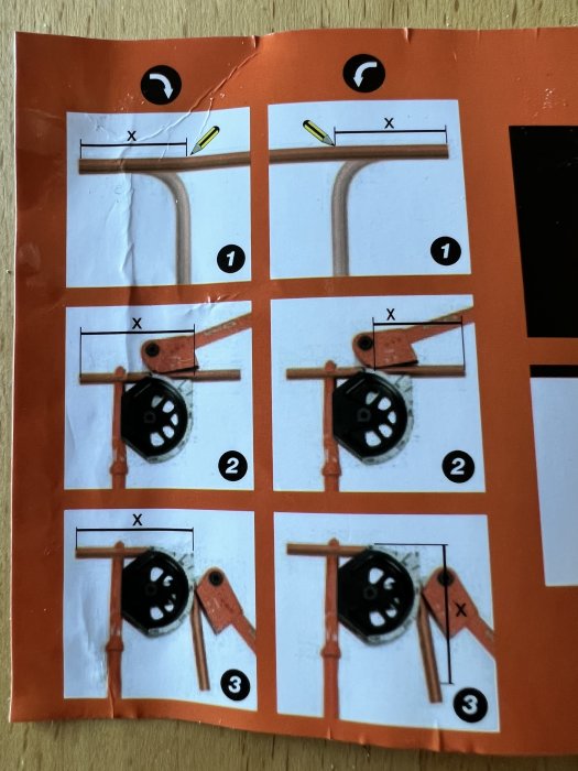 Instruktionsbild för användning av Bacho 500-12 med mätstreck vid rörböjning.