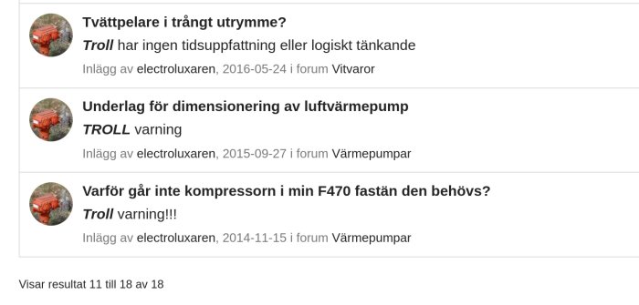 Skärmdump från ett forum som visar sökresultat med trådtitlar och 'TROLL' varningsetiketter.