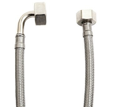 Metallvävd anslutningsslang till duschkabin med böjd ände och metallmutter.