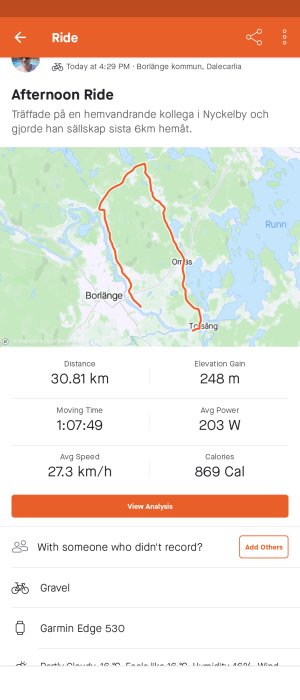 Skärmavbild av cykeltur med statistik och karta över rutt i Borlänge, total distans 30,81 km, hastighet och kaloriförbrukning.