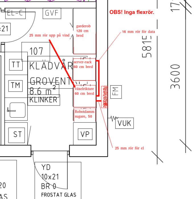 Ritning med uppmärkt plats för server-rack och växelriktare med mått och varningar för rördragning.