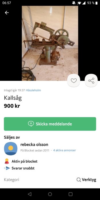 Gammal kallsvets med rost och patina till salu, visas i arbetsmiljö.