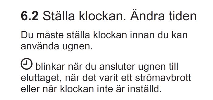 Utdrag från manual som förklarar hur man ställer klockan på en ugn för att den ska fungera.