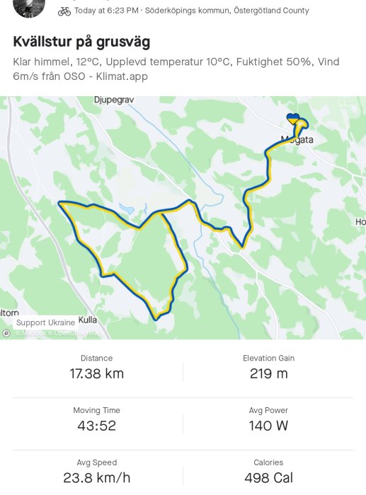 Skärmklipp av en cykeltur på karta med rutt, distans 17.38 km, stigning 219 m och kaloriförbrukning.