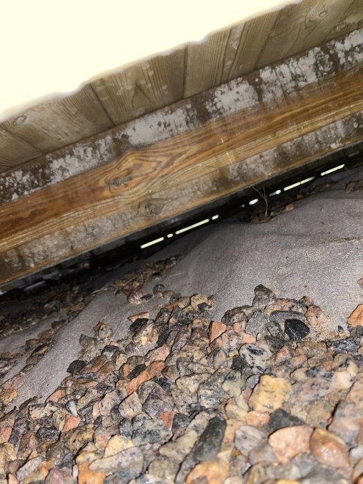 Bild på en trätrall nära en husvägg med synligt mellanrum och fuktiga stenar under trallen.